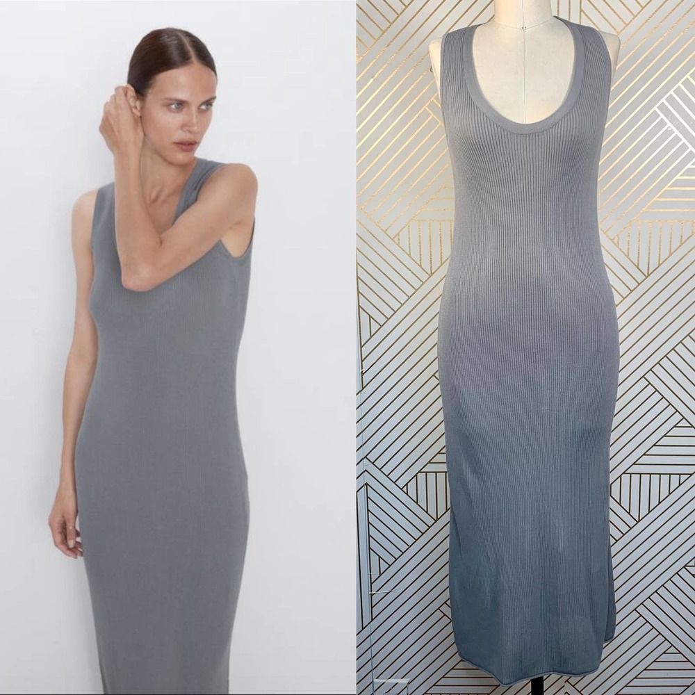 Zara Textured Ribbed Knit Midi Dress in Gray